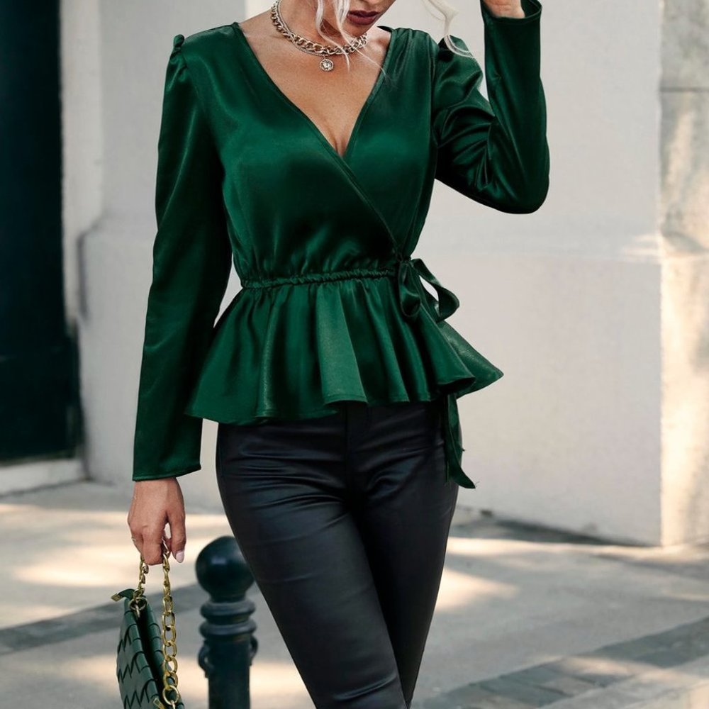 Emerald Green V-neck Satin Peplum Blouse - Picture 6 of 6
